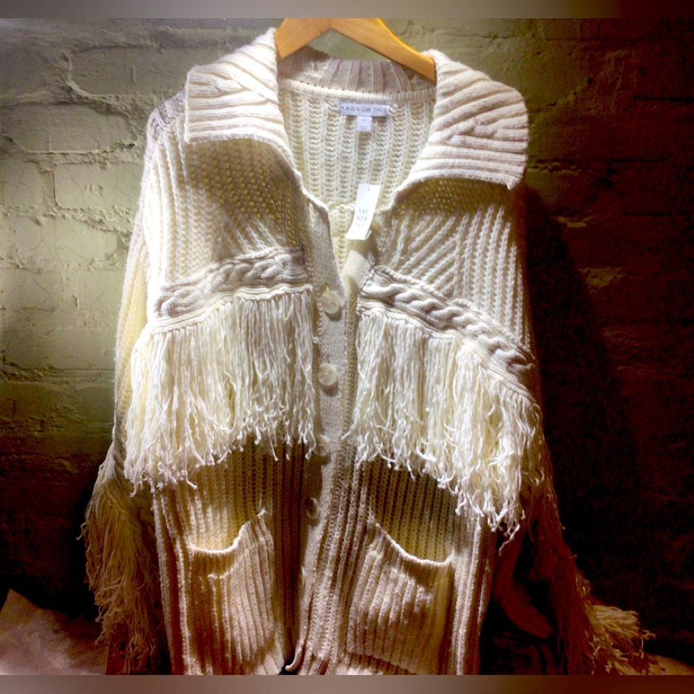NEW! Gorgeous Boho Cottage Cream Fringe Knit Sweater Cardigan